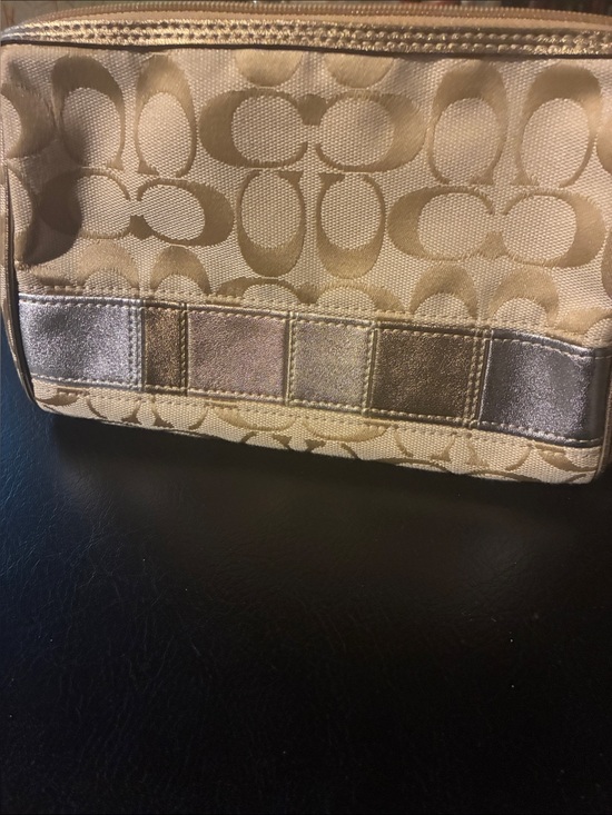 Coach Handbags - Coach Beige Signature Cosmetic Pouch with Metallic Gold Trim